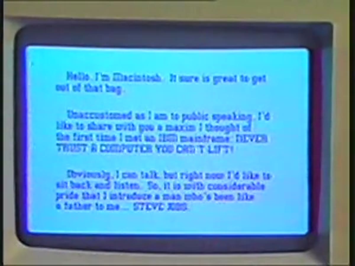 A screen of blue text transcribing the Macintosh's synthesized speech.