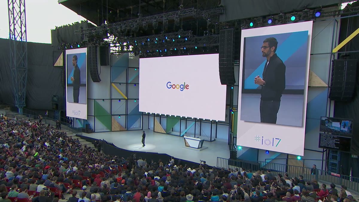 A wide shot of the Google I/O 2017 stage and crowd at Shoreline Amphitheatre.