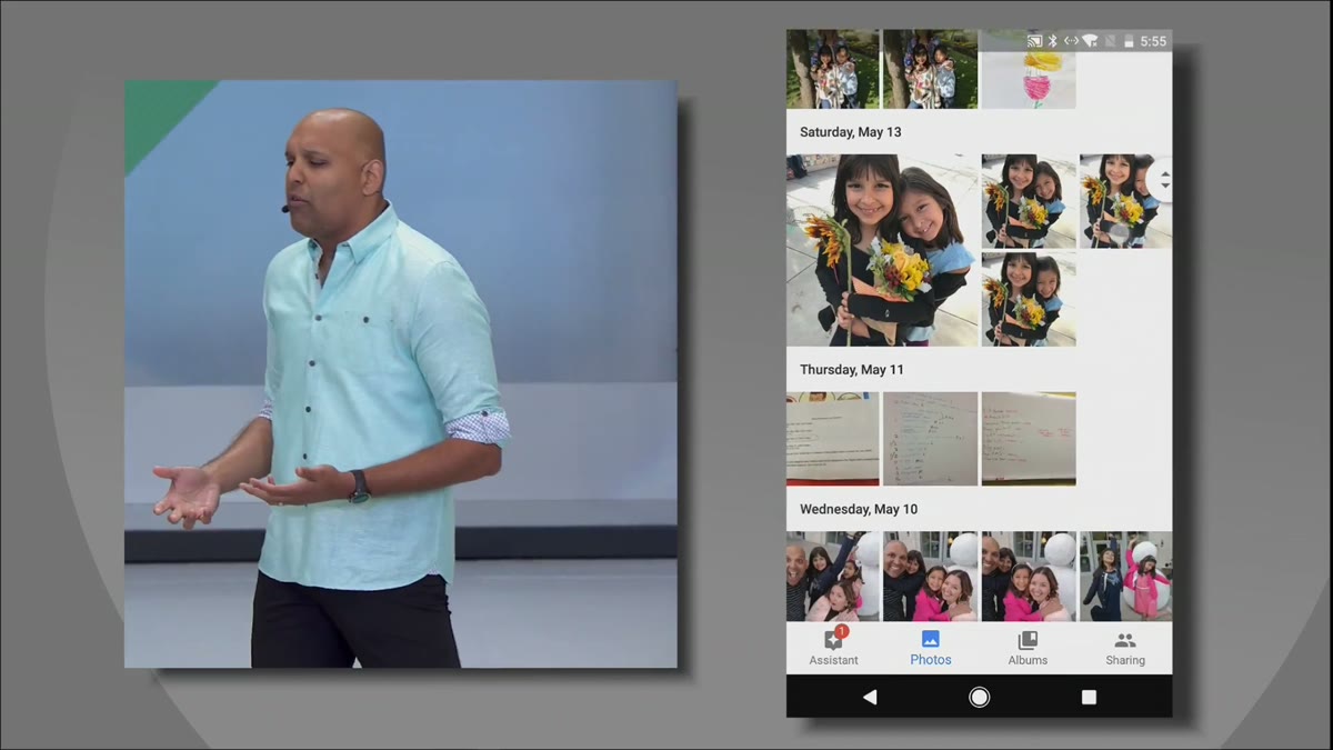 A phone screen showing Google Photos search results during a demo.
