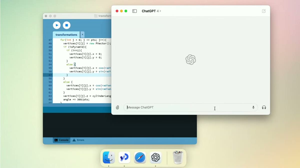 A presenter on a minimally staged set, with an on-screen ChatGPT desktop window visible.